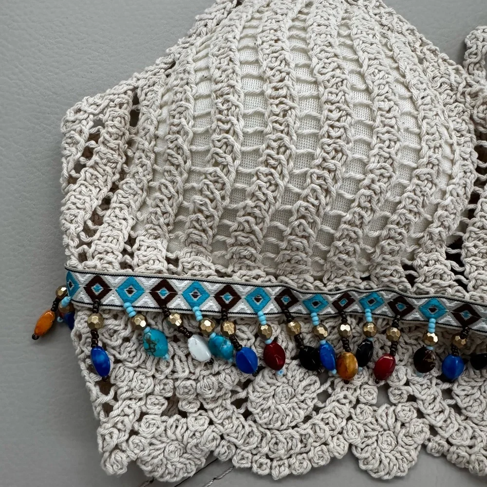 Handmade Summer Knit Halter Crop Top with Tasseled Beads - Picture 3 of 5